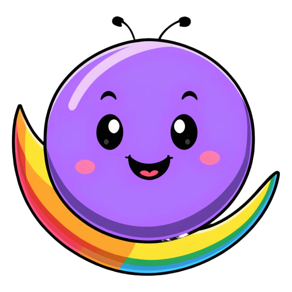 planet with rainbow polka dots all over its surface and a big grinning face sticker