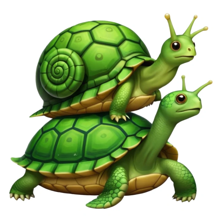 A snail is perched on the back of a turtle. sticker