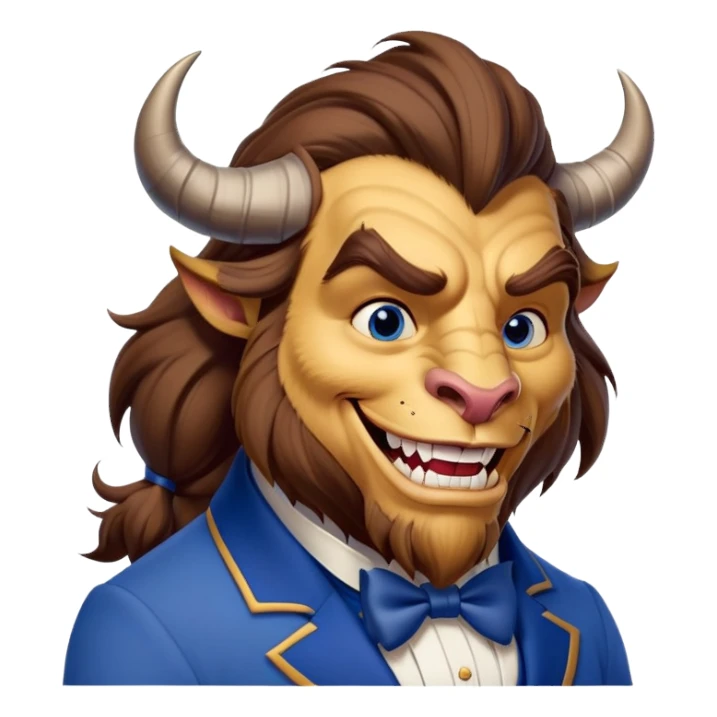 Beast from Beauty and the Beast with human mouth smiling, gentler expression, blue formal outfit sticker