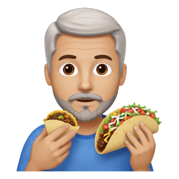 White man, blue eyes, brown gray hair, gray goatee, eating a taco sticker
