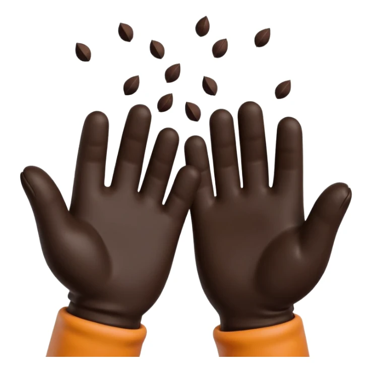 A 3D cartoon pair of gloved hands holding rich dark soil, small bits falling between fingers, bright garden background, soft light, Memoji-style realism. sticker