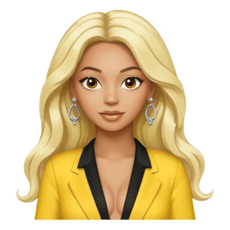 Beyonce with long platinum blonde hair, yellow outfit and earring sticker