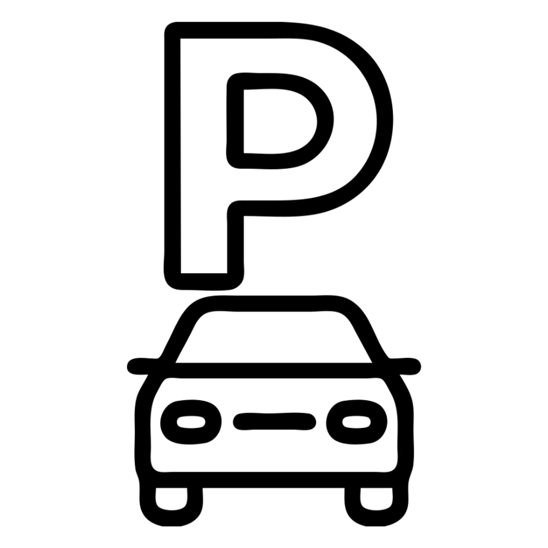 Add a car silhouette below the letter P, keep the outlined, minimal, monochrome classic icon style with no background. sticker
