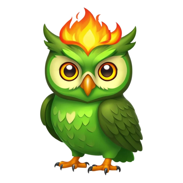 Duolingo green owl mascot with fire flames behind it sticker