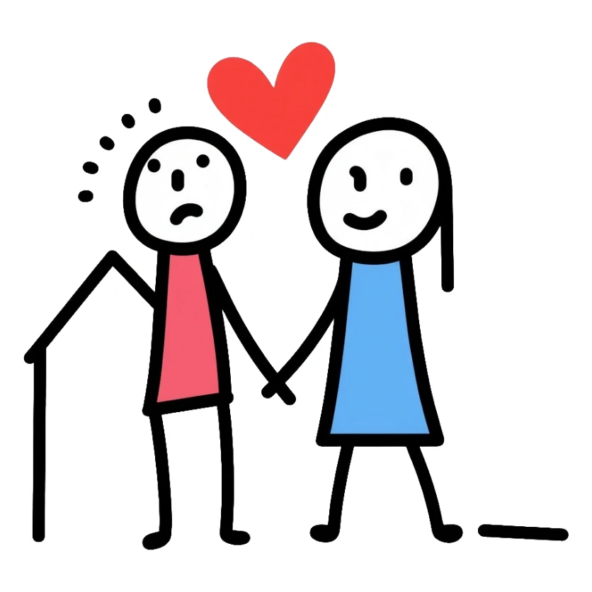 Two simple figures holding hands in front of a house with a heart surrounding them, Keith Haring style with bold lines and simple colors sticker