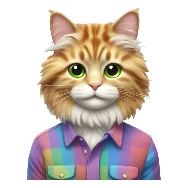 fluffy colorful rainbow cat in a checkered shirt sticker