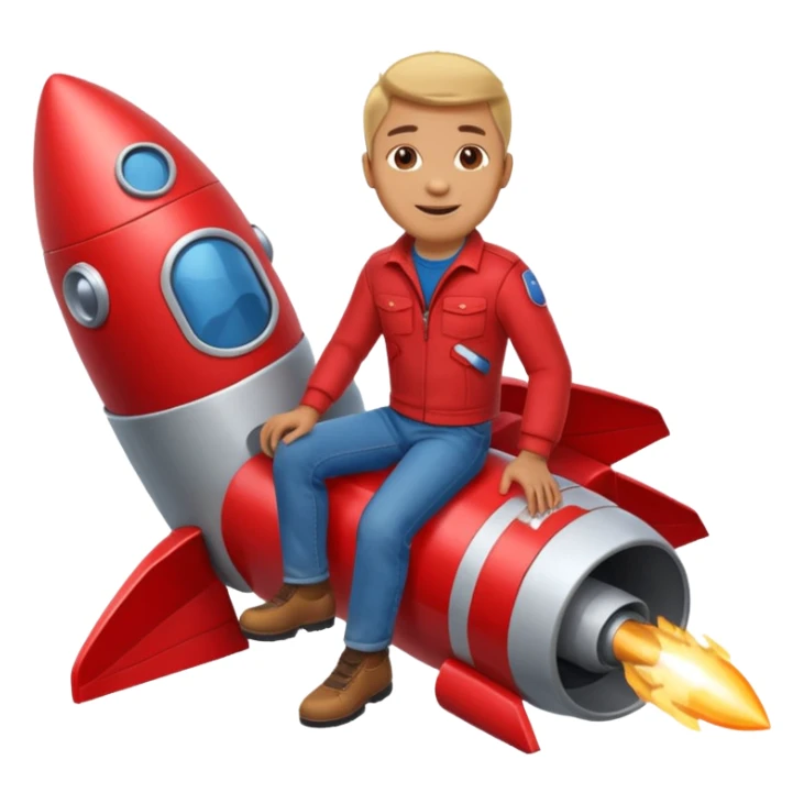 man with red clothes and blue yeanse. sitting on a rocket sticker