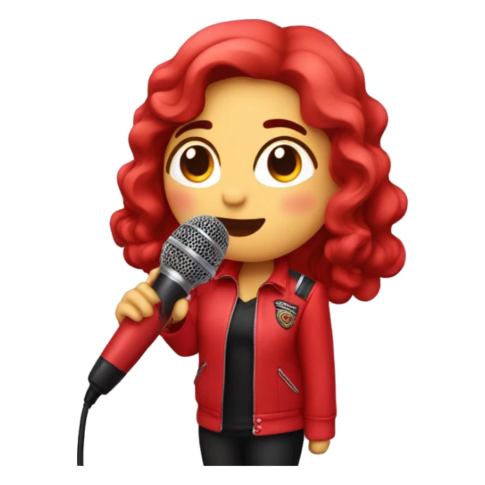 rosalía with a red biker uniform and holding a microphone sticker