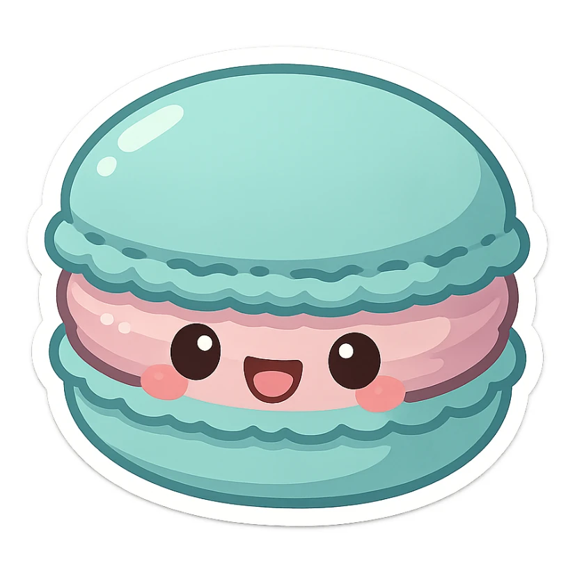 chibi sticker-style macaron with a smiling face, cute and exaggerated sticker