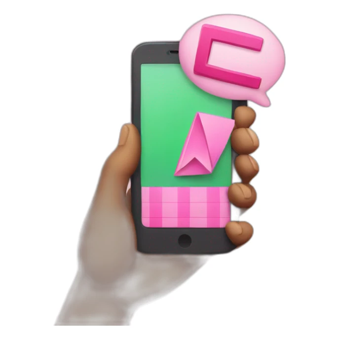 holding a smartphone with big pink check mark on the screen sticker