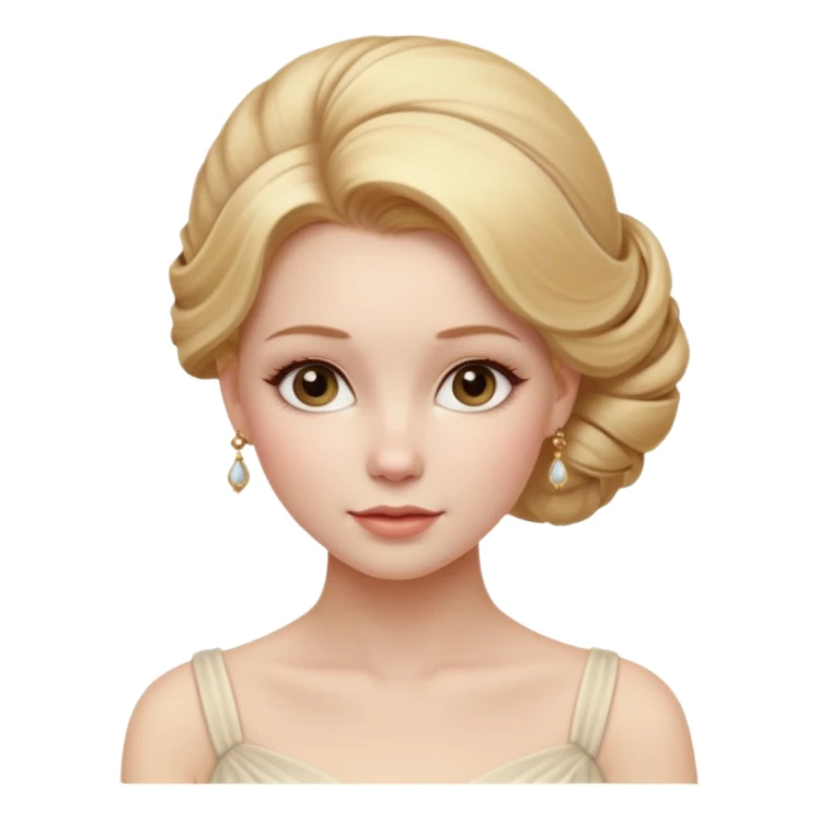 Cinematic Realistic Rococo Portrait, depicted with lifelike skin texture, subtle rosy undertones, and soft natural lighting that enhances the gentle contours of her face. Her intricately detailed golden blonde hair is elegantly styled in an updo, sticker
