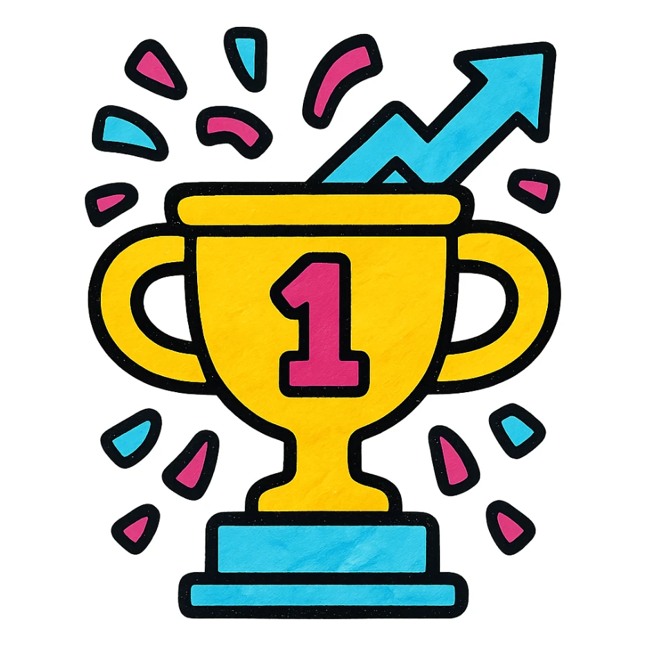 winner's cup trophy with confetti and upward arrow, representing marketing achievement, clean and bold design sticker