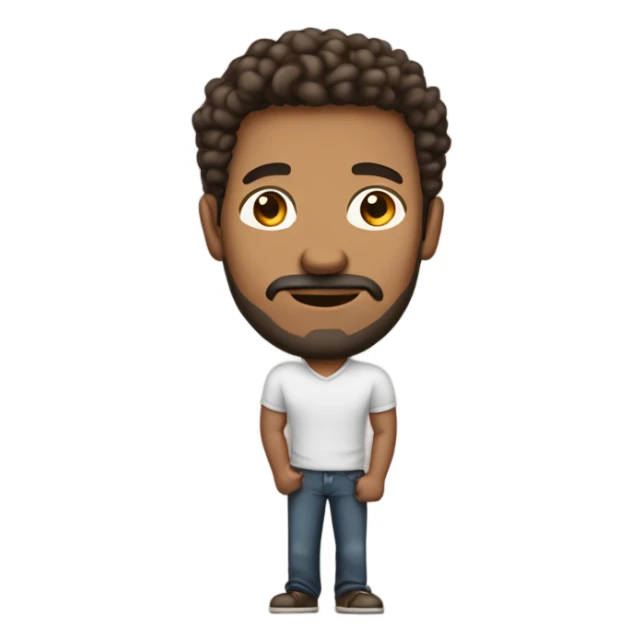 tall men holding his computer in hands. light brown skin men with curly dark brown hair, brown eyes, little grown beard. imposing, bit muscular build. dressed casual. sticker