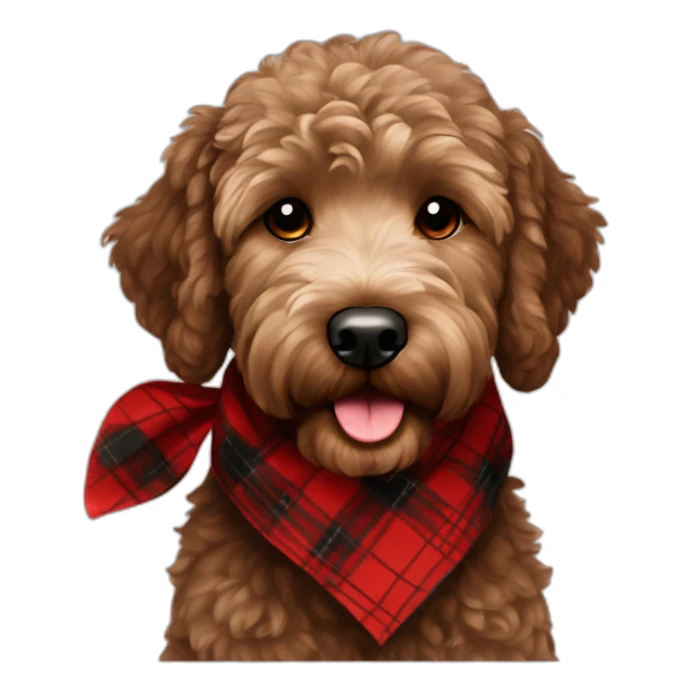 Black Chocolate brown colored golden doodle with a red and black flannel hankerchief sticker
