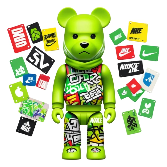geometric bearbrick toy wearing a lime green balaclava completely covered with chaotic streetwear brand logos, graffiti-style tags, Nike, Adidas, Supreme, Off-White all mixed together in urban style, aggressive look sticker