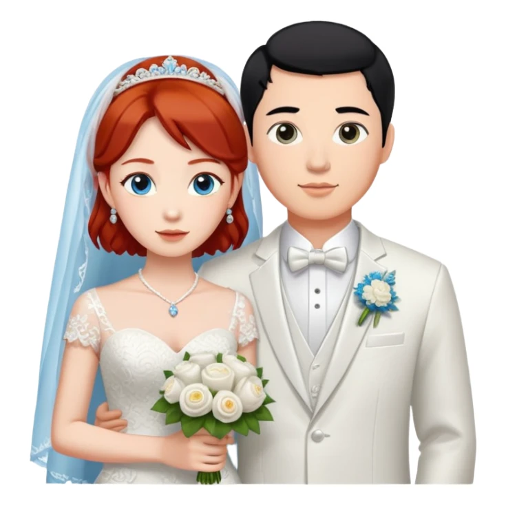 wedding couple, the groom is a chinese man with black hair and brown eyes, the bride is a blue eyed redhead with short hair sticker