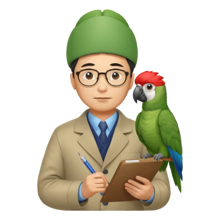 Middle-aged asian male vet – glasses, coat, writing notes on clipboard with parot on head sticker