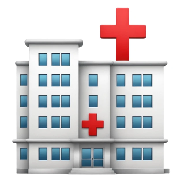 A hospital building with a red +. In PNG format. sticker