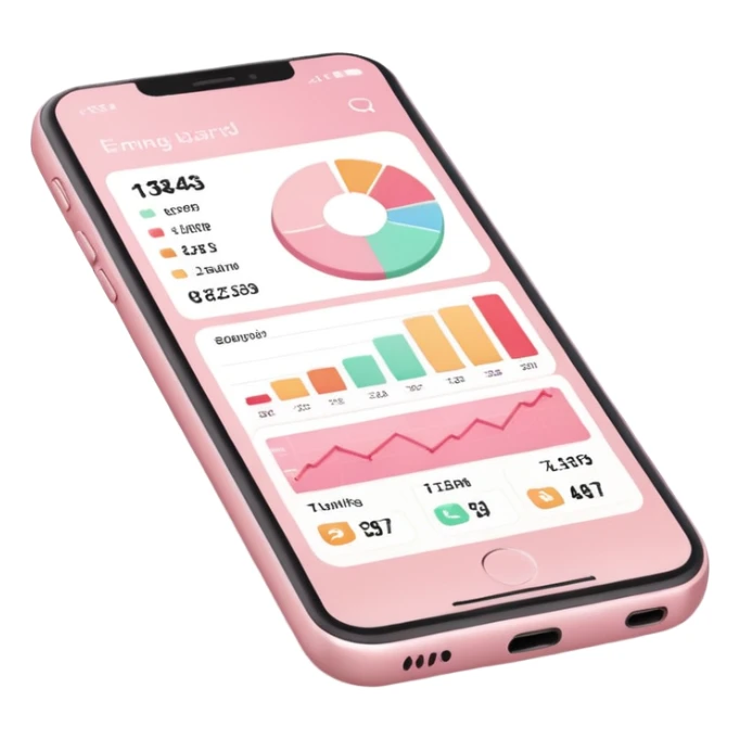 Pastel pink phone showing a clean trading dashboard, soft light and minimal shadows sticker