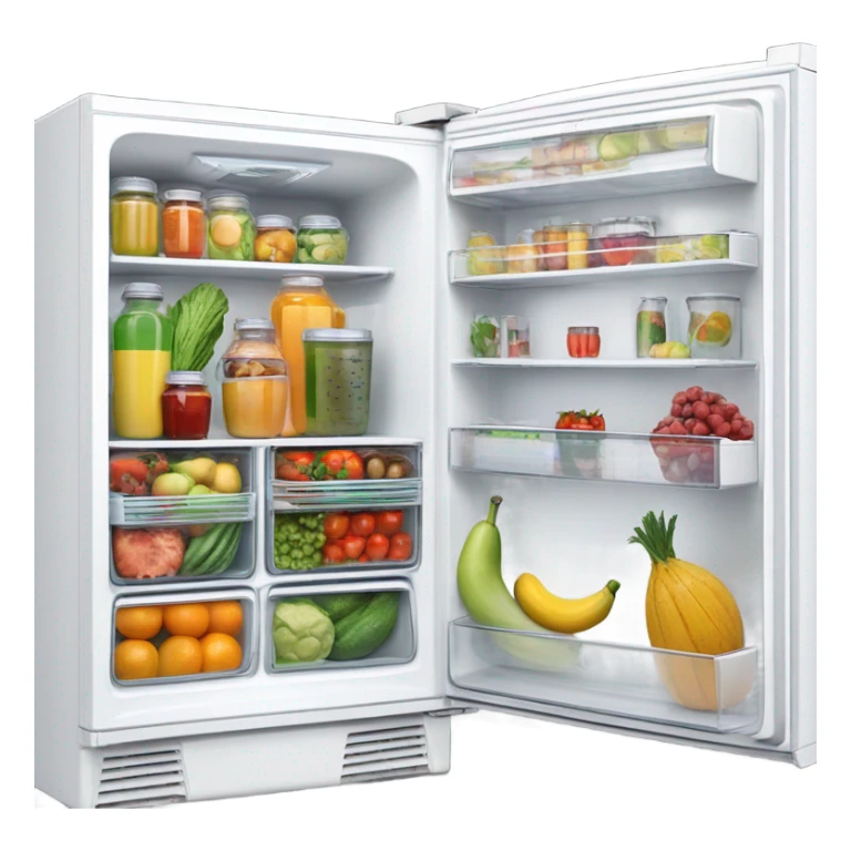 A white double door fridge with both doors open. Inside it has shelves with fruit and vegetables in organized containers. Also clear bottles filled with juices that is organized sticker