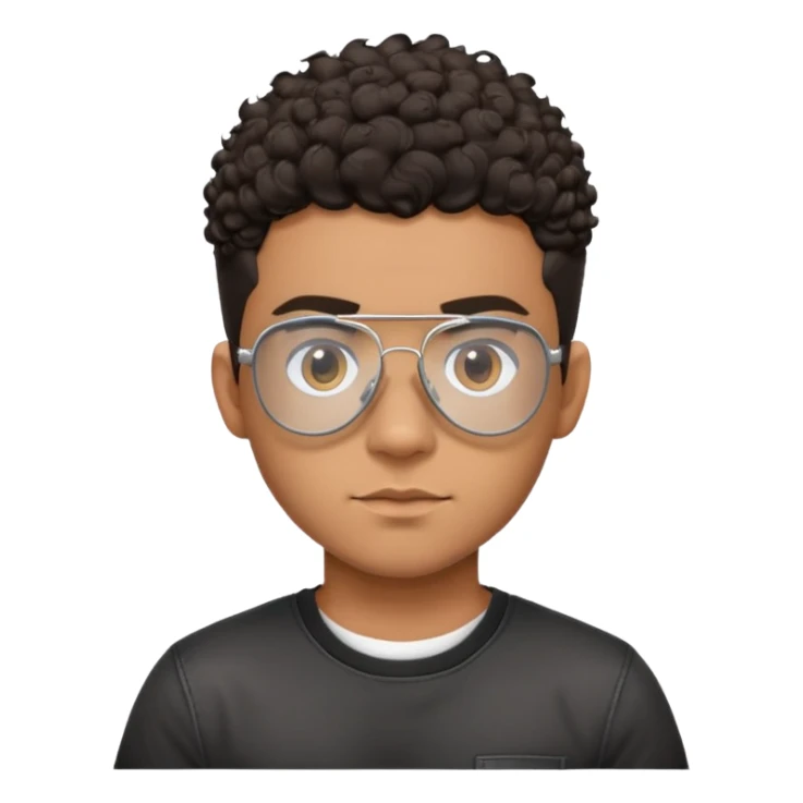 Young Latino with big forehead, metal-framed aviator glasses, very short curly dark hair on top with shaved sides, neutral expression, brown skin, black t-shirt sticker