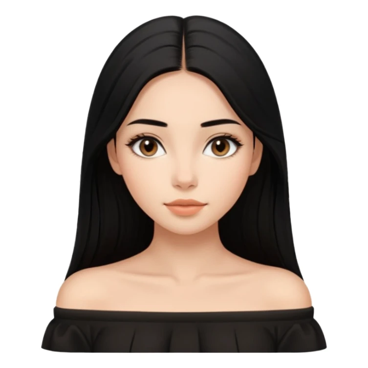 A realistic 3D avatar of a young woman with a soft oval face, slim cheeks, natural almond eyes, long straight black hair, minimal makeup, wearing a black off-shoulder top, elegant and aesthetic, tanned skintone. sticker