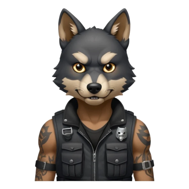 A black anthropomorphic wolf with white marks, he is wearing a muzzle, and his ears are standing up with a variety of piercings. He has a black tactical vest on, and he is in a grumpy mood, his arms just hanging by his side sticker