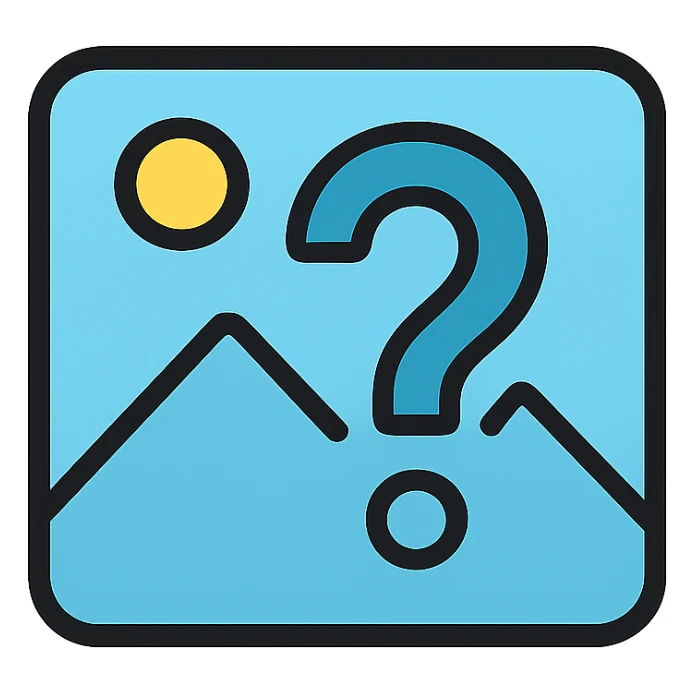 minimal image placeholder icon, light blue color, large question mark overlay sticker