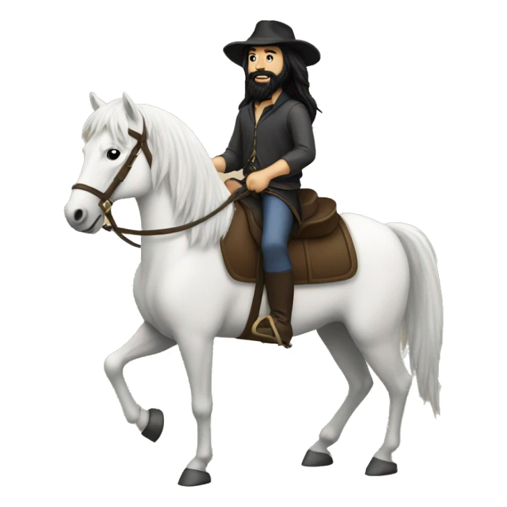 White guy with long black hair and black beard riding a horse sticker