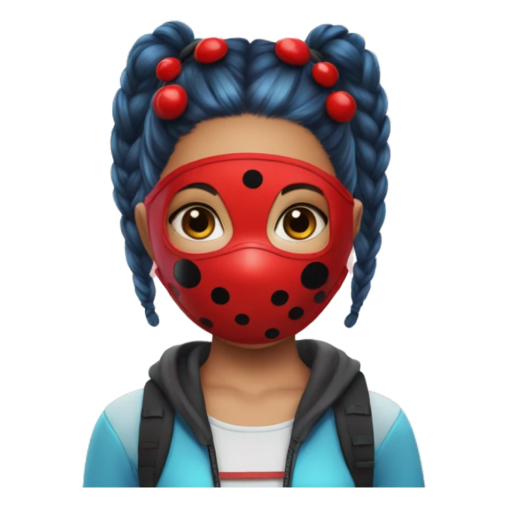 girl with blue pigtails and Ladybug wears a bright red mask with five black spots . sticker