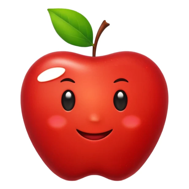 minimalist flat apple emoji, apple with a tiny green leaf, vibrant red color, white background, high resolution 2d vector style sticker