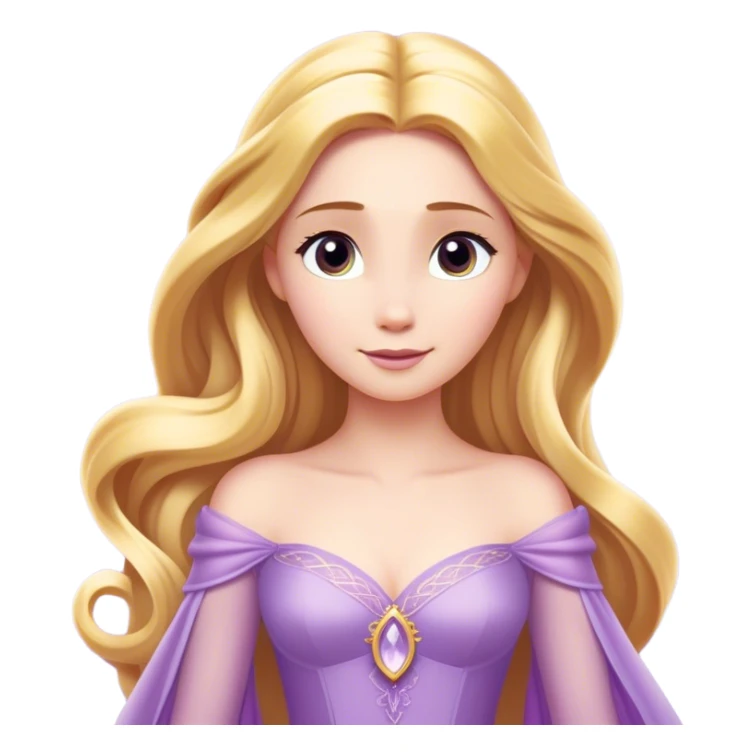 Cinematic Elegant Rapunzel Portrait Emoji, rendered in a realistic, vector-style with minimal shading and bold, simplified shapes. Depict Rapunzel (chest and above) with fair, porcelain skin, long, flowing golden hair cascading gracefully, and soft, gentle eyes, wearing her iconic light purple gown. The image glows with a soft, enchanting radiance and high shine, capturing timeless fairy-tale beauty. sticker