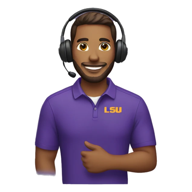 customer service male with headset wearing lsu shirt sticker