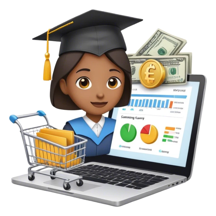 
*"Emoji-style illustration of e-commerce training: a laptop with a shopping cart icon, a graduation cap, and a person teaching online with charts and money symbols."* sticker