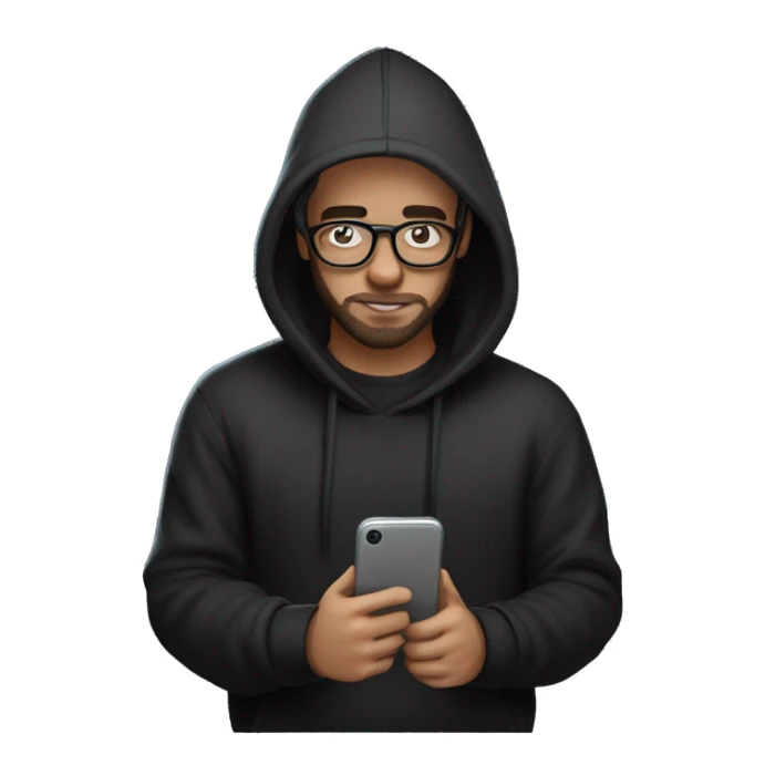 a depressed looking guy in a black hoodie with glasses and a little beard texting and giving a thumbs up and using discord  sticker