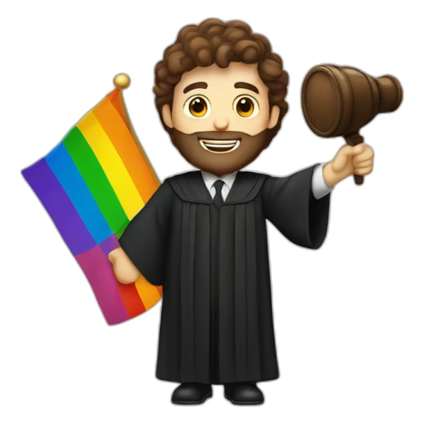 brown haired male judge with a beard waving pride flag sticker