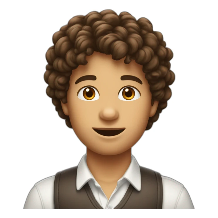 Un garçon brun avec des cheuveux bouclés qui a le stand de the World  sticker