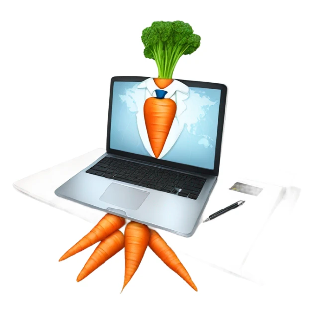 nerate a serious carrot emoji in business attire, analyzing charts and graphs on a laptop screen. sticker
