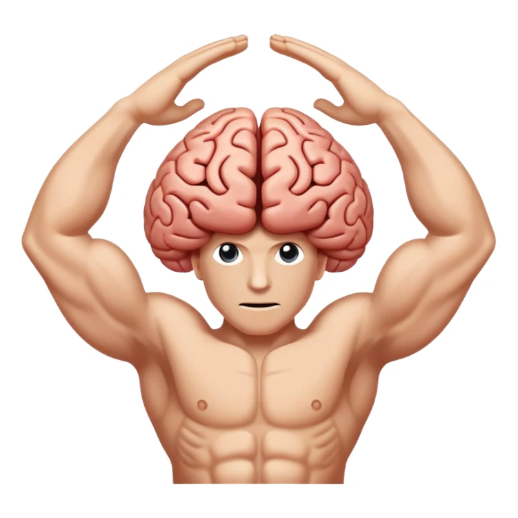 Minimalist and stylized illustration featuring a brain in the center, surrounded by two muscular arms raised on each side. The left arm is clearly a left arm, and the right arm is clearly a right arm, creating a sense of combined strength and intelligence. Vector style, clean colors, high contrast, with a transparent or white background. sticker