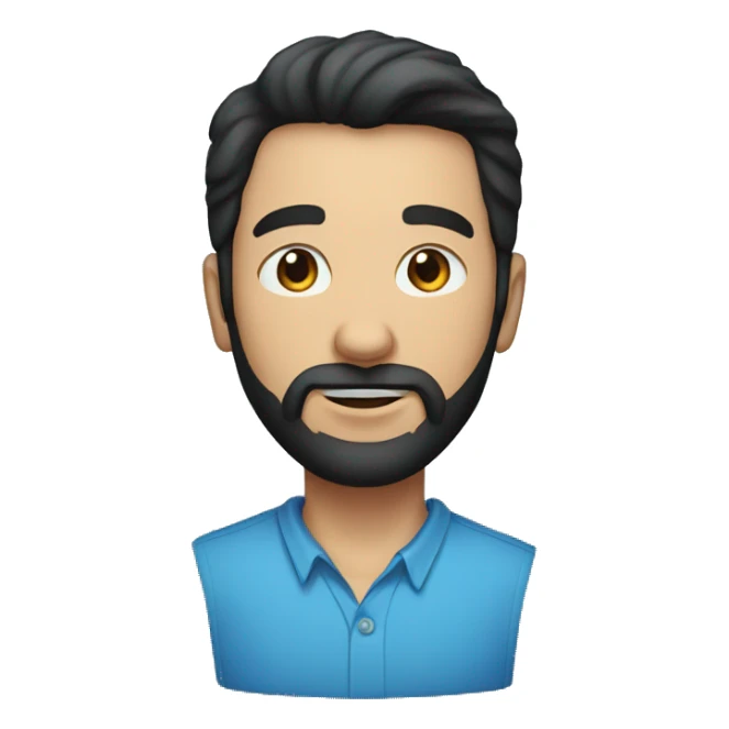 A young aged man with beard and black hair, blue collar shirt showing three sticker