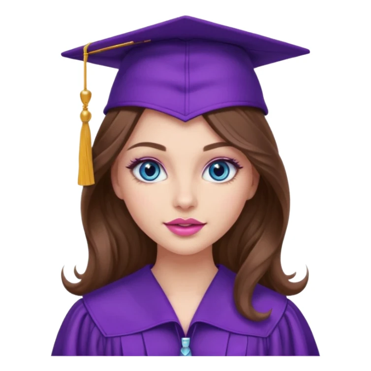 girl with wavy long brown hair, blue eyes, long lashes makeup, sexy pink lips, wearing a purple graduation cap and gown sticker