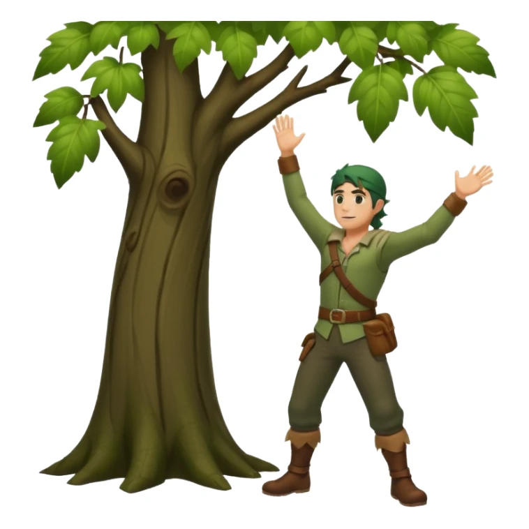 full body forest rogue man, from behind leaning against tree, one arm raised, leaf shadows on back sticker