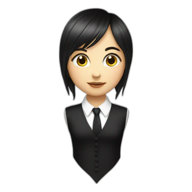 white female bangs black straight hair white shirt black tie sticker