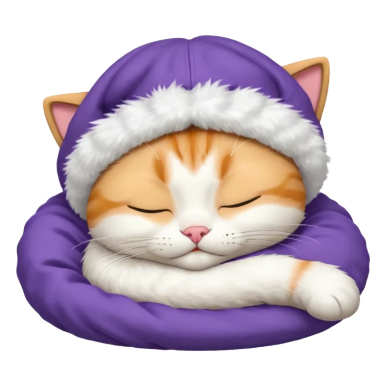emoji of sleeping cat, its pose is lying, it has on his head FedEx delivery cap sticker