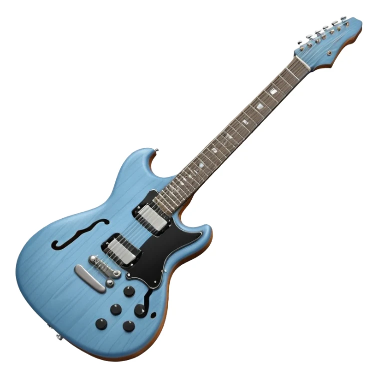 A gray-blue electric guitar with a black pick guard and only one volume knob  sticker