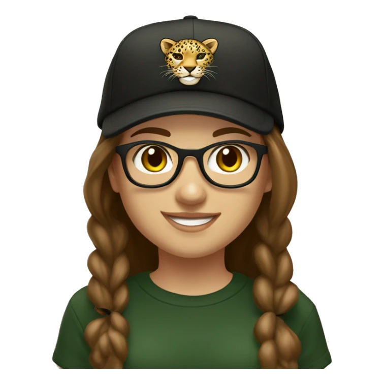 Slavic girl, light skin, smiling with teeth, round brown eyes, leopard frame glasses, long brown straight hair, black T-shirt, dark green cap, badge ribbon. sticker