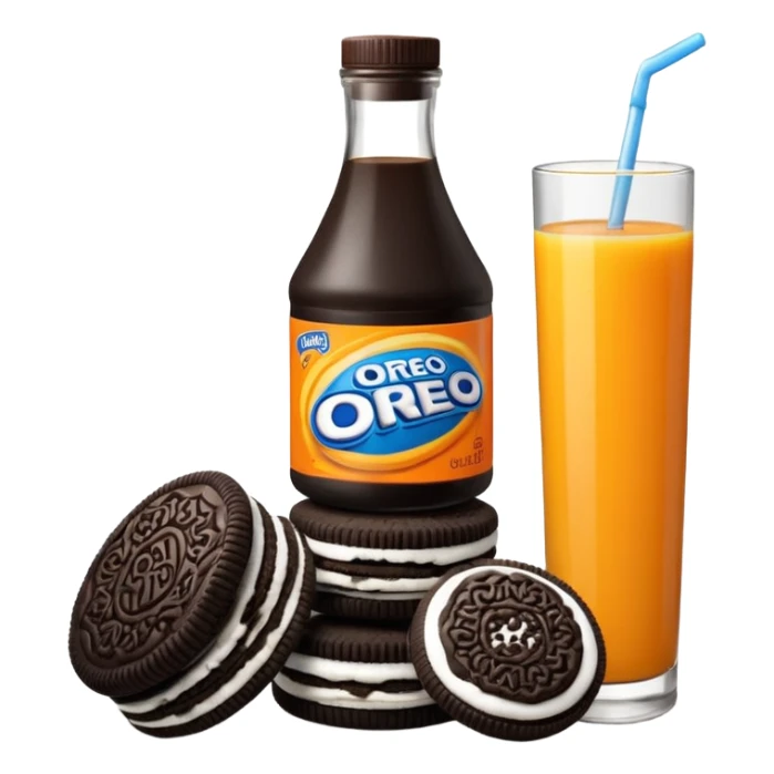 stack of Oreo cookies next to a bottle of orange juice sticker