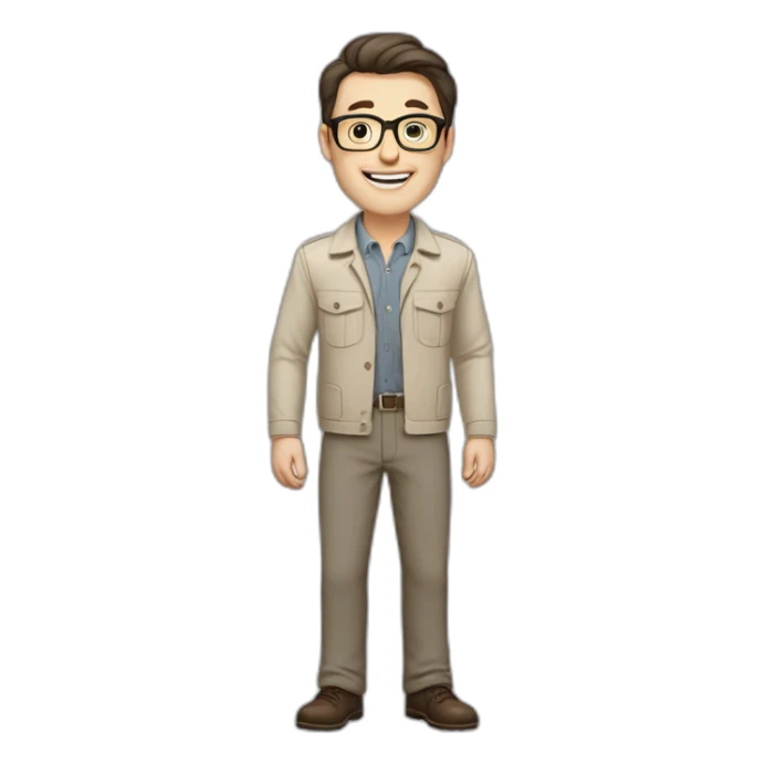 Joyful Full height Pale skinned Fit Man With dark brown hair in gray jacket, beige office shirt, Brown pants and vintage glasses. His thrumbs up sticker