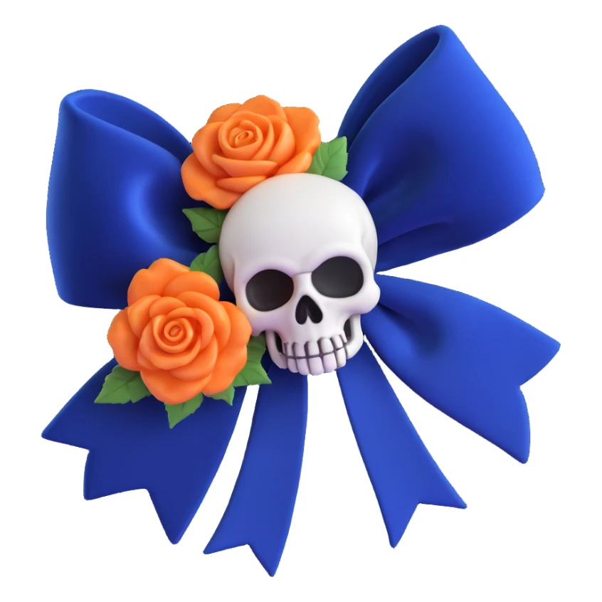 gothic bow with midnight blue velvet, silver skull charm, deep blue rose center, dramatic and gothic sticker