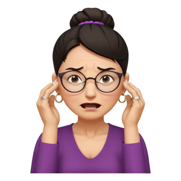  middle aged woman with dark hair pulled up in a high bun, wearing round ring earrings and glasses, expression extreme pain on her face, covering her ears with her hands very painful expression on her face, eyes squeezed shut, wincing in pain covering her ears with her hands sticker